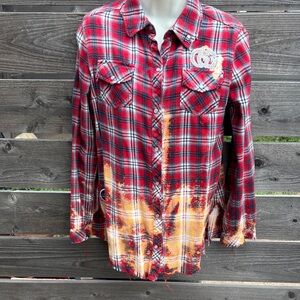 Repurposed & distressed, Red & Yellow Plaid Flannel Shirt by “Jagged Threads”